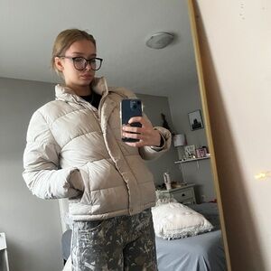 Cream Puffer Jacket with Quilted Design and High Collar
